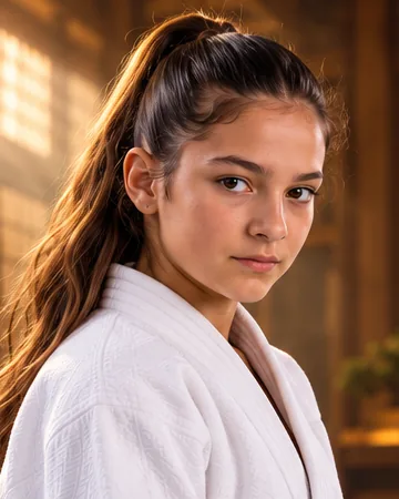 Visuel d'illustration : portrait d'une adolescente en kimono de judo, dans un dojo