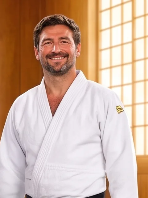 Visuel d'illustration : un coach de judo souriant, en kimono blanc
