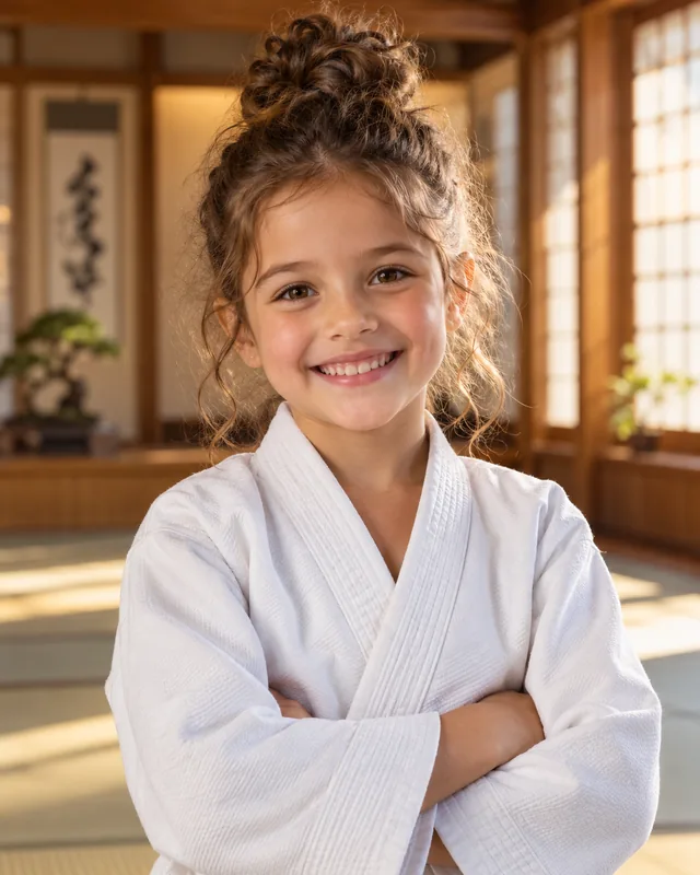 Visuel d'illustration : une jeune judokate souriante, bras croisés, dans un dojo