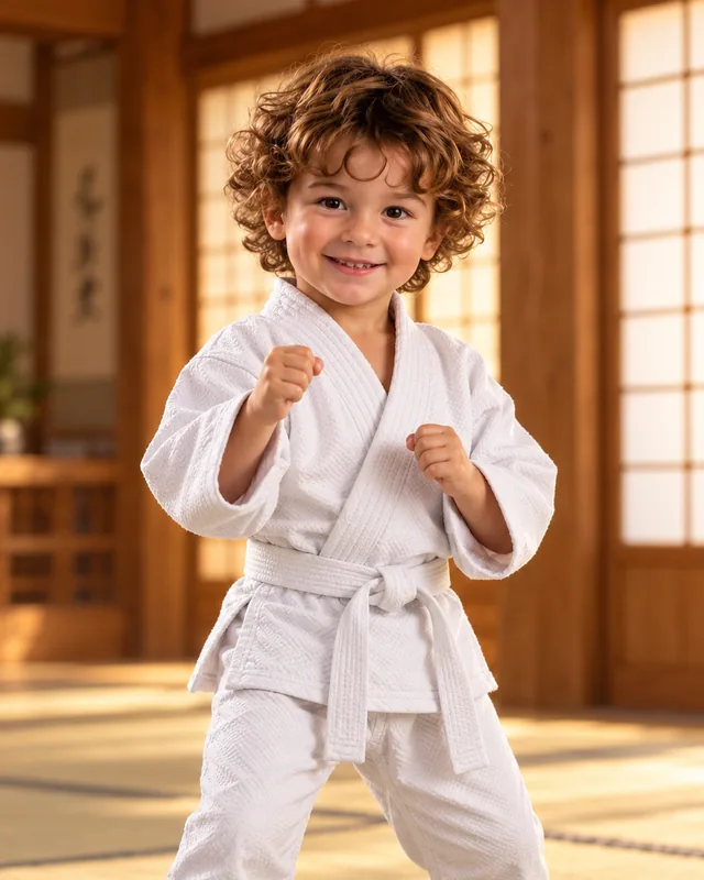Visuel d'illustration : un petit judoka aux cheveux bouclés, en garde, dans un dojo