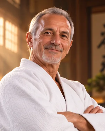 Visuel d'illustration : portrait d'un judoka vétéran aux cheveux gris, bras croisés