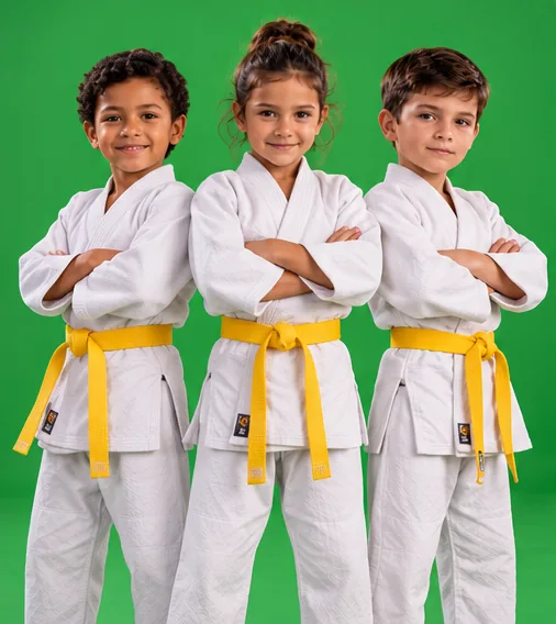 Visuel d'illustration : trois judokas (enfants) photographiés devant le fond vert du club