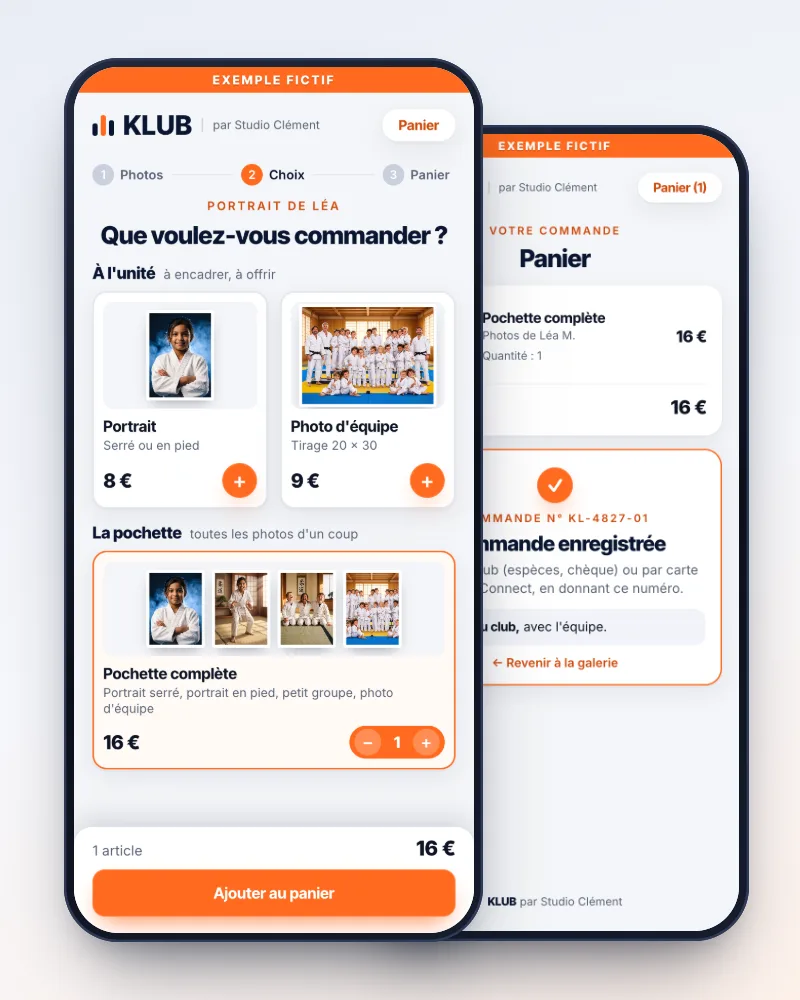 Visuel d'illustration (exemple fictif) : deux écrans de téléphone, le choix entre portrait, photo d'équipe et pochette complète, puis la commande enregistrée, à payer au club ou via AssoConnect