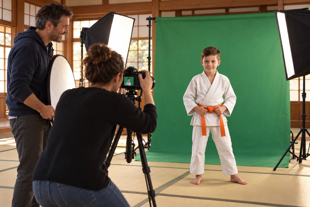 Visuel d'illustration : au dojo, deux bénévoles photographient un jeune judoka devant le fond vert ; elle tient l'appareil sur pied, lui un réflecteur