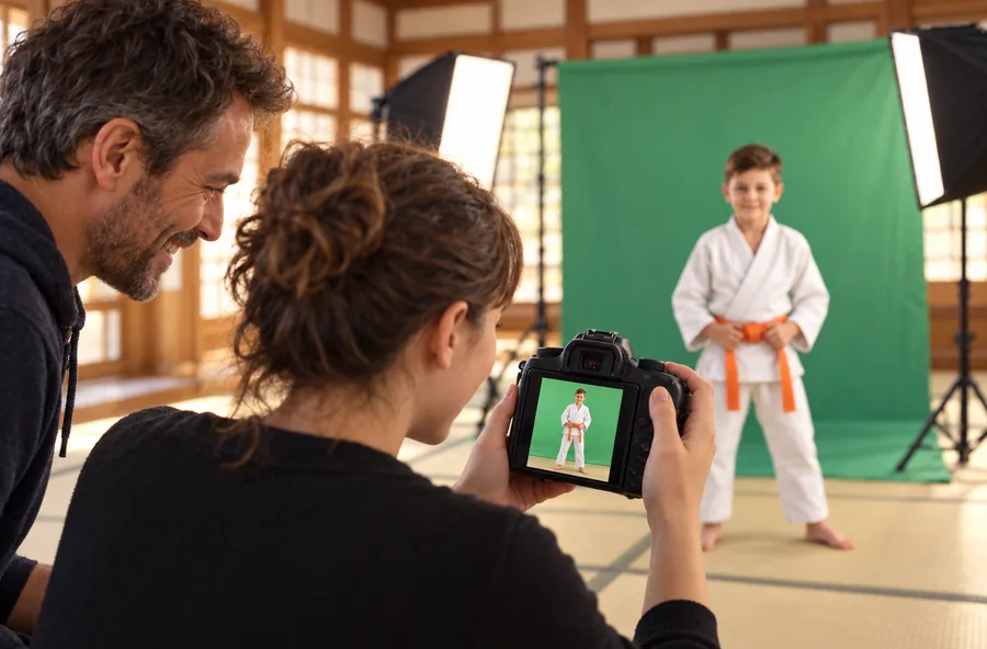 Visuel d'illustration : dans un dojo, deux bénévoles regardent sur l'écran de l'appareil la photo du jeune judoka qu'ils viennent de prendre