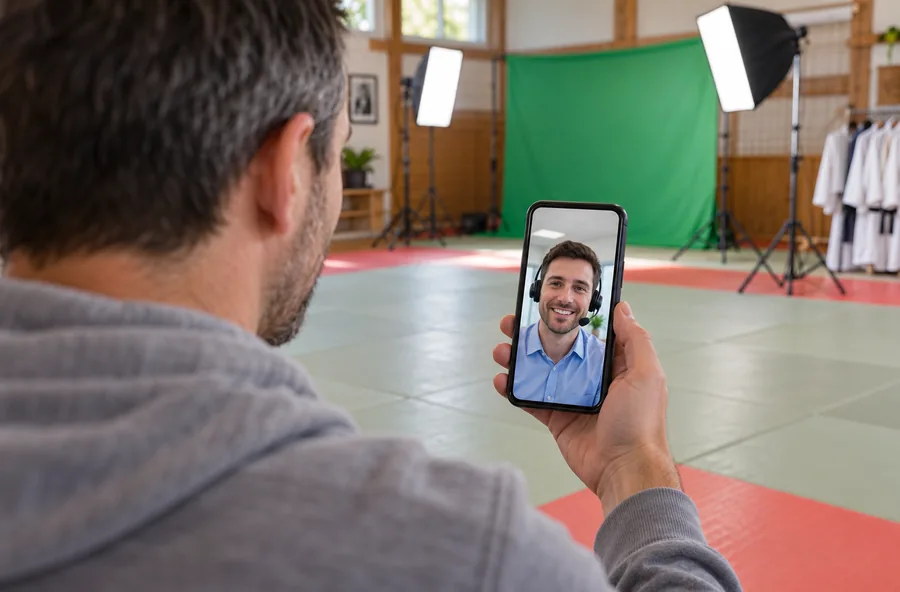 Visuel d'illustration : au dojo, un bénévole en appel vidéo sur son téléphone avec un technicien souriant