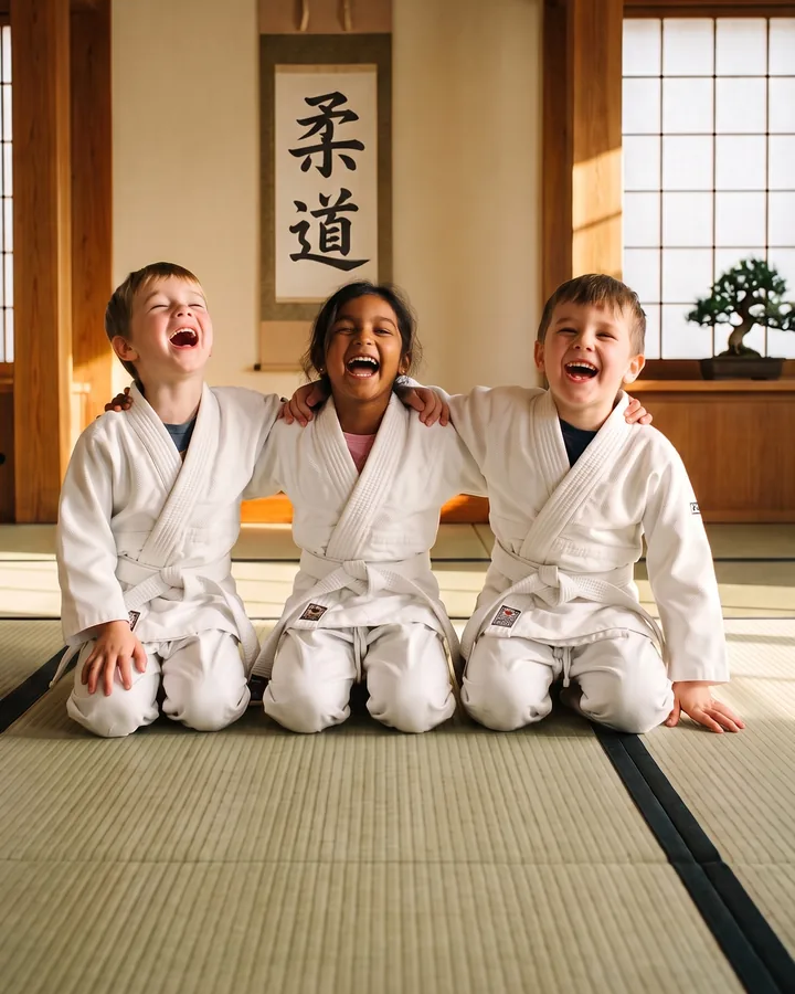Visuel d'illustration : trois jeunes judokas à genoux qui rient ensemble sur le tatami