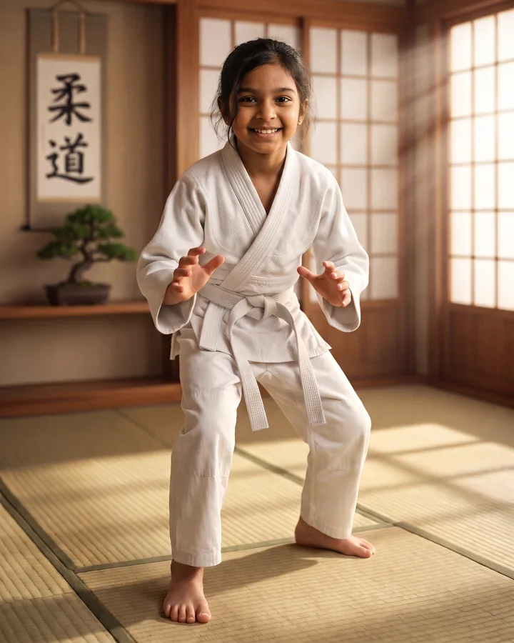 Visuel d'illustration : une jeune judokate en garde, de la tête aux pieds, dans un dojo
