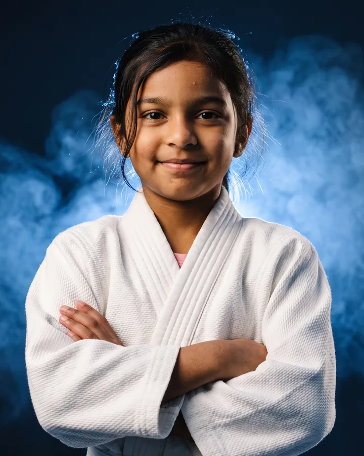 Visuel d'illustration : portrait serré d'une jeune judokate souriante, bras croisés, sur un fond bleu nuit