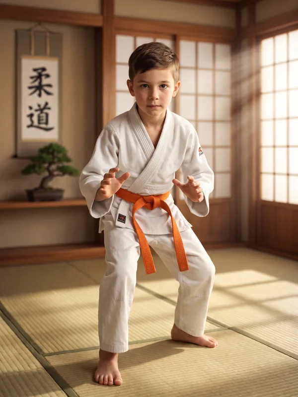 Visuel d'illustration : un jeune judoka ceinture orange, en garde, dans un dojo