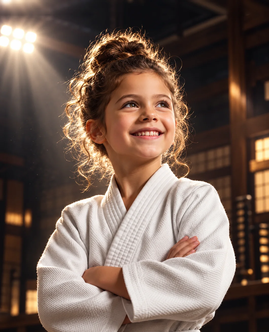 Visuel d'illustration : une jeune judokate souriante, bras croisés, le regard levé vers la lumière des projecteurs, dans un dojo
