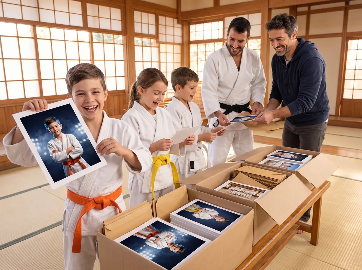 Visuel d'illustration : au dojo, de jeunes judokas, leur professeur et un bénévole ouvrent les cartons de photos ; un garçon brandit son portrait en riant